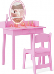 DREAMADE laste riietuslaud LED-peegli ja m&auml;nnipuidust jalgadega, printsessi riietuslaud koos sahtli ja ehtedega, laste riietuslaud koos v&auml;ljaheitega lastele t&uuml;drukutele (roosa)