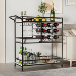 DAWNYIELD 3-Tier Mobile Wine Cart,Bar Serving Cart on Wheels with Wine and Glass Racks, Modern Rolling Wine Storage Cart for Home Kitchen Parties (Black)