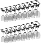 AcornFort W-606 2pcs 8 Row Black 16 Cup Metal Under Cabinet Hanging Holder for Wine Glasses, Champagne Glasses, Goblets and Stemware