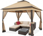 Yaheetech Gazebo 3,3 x 3,3 m veekindel stabiilne Pop Up kokkupandav Gazebo, reguleeritava k&otilde;rgusega aiamaja Gazebo 4 s&auml;&auml;sev&otilde;rgu k&uuml;lgpaneeliga ja kahekordse katusega, peotelk koos kandekotiga, khaki + pruun