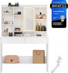 VASAGLE garderoobilaud LED-valgustusega, 3 v&auml;rvi reguleeritava heledusega, garderoobilaud koos peegliga, kosmeetikalaud reguleeritavate riiulitega, 2 sahtlit, kaasaegne, valge RDT123T14