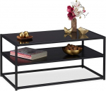 Relaxdays Klaasist kohvilaud, 2 riiulit, metallist ja klaasist laud, diivanilaud elutuppa, K x S x M: 42 x 90 x 50 cm, must.