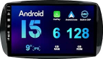 6GB + 128GB Double DIN Android 15 autoraadio Mercedes Benz Smart 453 Fortwo 2014-2020 koos DSP + Carplay toetab DAB + WiFi, BT, GPS, AUX, MirrorLink, WiFi, RDS, Kiirpaat, kaamera.