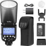 Godox V1 Flash Kit for Nikon Camera, GODOX V1-N Pro, 2.4G HSS TTL, Round Head Speedlite with Diffuser, Detachable Sub Flash, Modeling Lamp, Type-C Charging, 1.3s Repeat Time (V1-N)