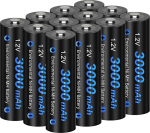 CITYORK 12 akupakett AA patareid 3000 mAh, 1,2 V Ni-MH Double A patareid p&auml;ikesevalgustite jaoks koos patareipesaga