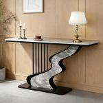 Moderner, Luxuri&ouml;ser Sofatisch, Moderner Konsolentisch Mit Marmorplatte, Schmaler, Langer Sideboard-Tisch Im Art-d&eacute;co-Stil F&uuml;r Wohnzimmer Und Flur(Black+Gray,47.2in)