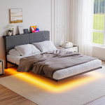 HOMERECOMMEND Voodi 120 x 200 cm, h&otilde;ljuv visuaalne efekt, voodiraam LED-valgustuse ja laadimisjaamaga, kaheinimese voodiraam 120 x 200 cm koos panipaiga pealae ja lamellraamiga, k&otilde;rge pealae, tumehall