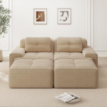 HAUSPROFI kondita diivan, kaasaegne L-kujuline modulaarne diivan elutuppa s&uuml;gava istmega, mugav n&ouml;&ouml;rdiivan magamisfunktsiooniga, pilves diivan koos 2 Osmaniga, tufti diivanvoodi, 200 cm lai, beež