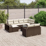 11-TLG. Garten-Sofagarnitur mit Kissen Braun Poly Rattan, Gartenm&ouml;bel Set 11-TLG. Braun Poly Rattan, V&auml;ljas asuv sofagarnituur