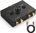 Bidirektionaler Cinch-Audio-Schalter mit Lautst&auml;rkeregler, inkl. 1 Audiokabel, Stereo-Umschalter R/L, 2 Eing&auml;nge, 1 Ausgang, HiFi-Quellschalter, Metallgeh&auml;use f&uuml;r Verst&auml;rker Lautsprecher