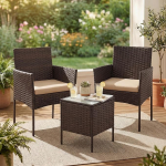SONGMICS GGF003K01 R&otilde;dum&ouml;&ouml;bel, aiam&ouml;&ouml;blikomplekt, PE pol&uuml;rattan, Lounge komplekt, laud ja 2 tooli, terrassim&ouml;&ouml;bel, &otilde;ues, terrassile, r&otilde;dule, aeda, pruun-taunane