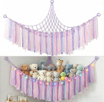 Violette Stofftier-H&auml;ngematte, gro&szlig;es Teddy-Aufbewahrungs-Spielzeugnetz f&uuml;r Stofftiere mit LED-Lichtern und Sternen-Quasten, Makramee-Netz, Wandbehang mit Ringen f&uuml;r Kinderzimmer, Kinderzimmer