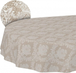 Fabric Tablecloth, Textile Table Linen, Cotton Polyester, Washable, Plain Ornamental Damask Jacquard Fabric, Washable, Baroque Beige, Oval, 180 x 140 cm, Cut Edge