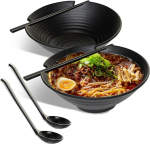 Jaapani Ramen Bowl Set of 2 - Elegantne 1000ml Ramen Bowls Dishwasher Safe Durable Plastic Noodle Bowl Set - Matching Spoons & Chopsticks (Black)