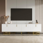 FammyLoft 160 cm TV Lowboard 4 struktureeritud uksega, stiilne TV kapp, kuldsete k&auml;epidemete ja kuldsete jalgadega TV kapp, TV kapp elutuppa, valge