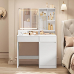 VASAGLE garderoobilaud LED-valgustusega Power Strip garderoobilaud sahtlitega 90cm laiad reguleeritavad riiulid Ehtede hoiustamine magamistoas Pilvivalge RDT134W01