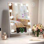 Dripex Bluetooth Hollywoodi meikimispeegel 12 LED-lambiga, Hollywoodi peegel 48 x 36,5 cm, 3 v&auml;rvitemperatuuriga valgustid, juhtmevaba laadimine mobiiltelefonile, puutetundlik juhtimine, USB-laadimisport