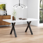 Merax Dining Table with Crossed Legs, Rectangular Dining Table, Coffee Table, Wrought Iron, L140*W80*H76cm, Marble Texture, Black and White