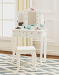 UTEX Pretend Play Children's Dressing Table with Stool and Mirror, Girls Wooden Dressing Table with Drawer, Children's Table with Chair, Mirror Table, White