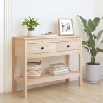 Massiivpuidust konsoollaud 2-tasandiline sissep&auml;&auml;sulaud diivanipoolne laud 2 sahtlit avatud riiul elutuppa sissep&auml;&auml;suks koridori 100 x 35 x 75 cm - pruun