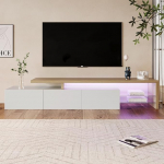 TV kapp Lowboard 200 cm LED valgustusega, k&otilde;rge l&auml;ikega valge ja naturaalne puidumass, kaasaegne TV laud, TV laud, 2 klaasriiuli ja 3 uksega, TV kapp elutuppa, 200 L x 39 W x 42