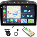 Hikity Android 15 4+128G autoraadio Peugeot 308/408 2007-2015 9-tollise Incell puuteekraaniga, autoraadio 2DIN traadita Carplay Android autoga, FM/RDS raadio BT GPS WiFi tagurduskaamera + mikrofoniga