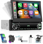 Hodozzy Autoradio 1 DIN traadita CarPlay Android autoga, 7-tolline kokkupandav puuteekraaniga raadio Bluetooth SWC MirrorLink FM USB-C EQ v&auml;rviline taustvalgustus + tagurduskaamera