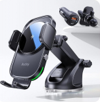 Auckly mobiiltelefoni hoidja auto laadimisfunktsiooniga, 48 W pistikupesa ja iminapakett ja klamber, Qi 15 W kiire traadita laadija, automaatne laadimine, automaatne induktsioonlaadija, auto iPhone 12 13 14 15 16 jaoks