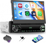 SIXTOP Single Din autostereo traadita CarPlay Android Auto YouTube, 7-tolline IPS Flip Out 1 Din puuteekraaniga Bluetooth autoraadio koos Mirror Link/EQ/FM/USB/Type-C/AUX/MIC+Steerjuhtimisseadmega