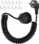 Kaitsekontakti spiraalne pikendus 2 m, Schuko pikenduskaabel, spiraalkaabli pikendus, veniv 0,75 m kuni 2 m, 3680 W spiraalkaabli pistik Spiraalkaabel koos Schuko pistikuga ja &uuml;henduskohaga, must