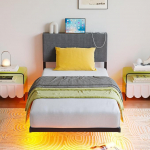 HOMERECOMMEND LED-valgusega &uuml;heinimesevoodiraam, 90 x 200 cm, ujuv voodiraam koos laadimisjaamaga, pehmendusega voodiraam, &uuml;heinimesevoodi koos hoiuga, 90 x 200 cm, tumehall