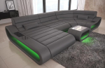 Wohnlandschaft Concept U-kujuline diivan nahast - LED-valgustusega, ergonoomiliste seljatugedega, Chaise Longue / nahav&auml;rvid valitavad / orientatsioon Ottomani valitav (Ottomani vasakpoolne, hall)