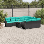 10-teiliges Gartensofa Set f&uuml;r Terrasse mit Polsterkissen in schwarzem PE Rattan - Gartensofa Set Polyrattan schwarz als Gartenm&ouml;bel
