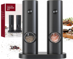Circle Joy Electric Salt and Pepper Mill Set with 2 Battery Operated Spice Grinders with Base, White LED Light and Adjustable Coarseness, Black