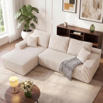 HOMRELEXA 267 cm nurgadiivan magamisfunktsiooniga, Corduroy kondita diivan, modulaarne L-kujuline diivanvoodi, 75 cm istmes&uuml;gavus, 3-kohaline diivan koos Chaise Longue'ga, kokkupanekuvaba elamusmaastik, beežikas
