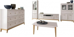 Mirjan24 Wohnzimmer-Set Winzalo I, Wohnzimmerschrank, Schrankwand, im Set: Kommode, Vitrinem, TV-Lowboard, Couchitsch (Cashmere, mit wei&szlig;er LED Beleuchtung)