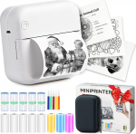 AgoDeo Mini Printer for Smartphone - Mini Printer - Includes 1 Hard Case + 13 Rolls (Stickers, Normal & Colour) + 5 Pens - Sticker Printer for Study, Notes, Pictures, Photos, Diaries