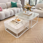 Kohvilaud 2 klaasist kohvilaudade komplekt elutuppa Moodne ruudukujuline p&otilde;hjamaise stiili kohvilaud Valge kohvilaud sahtlitega Lihtne kokkupanek elutuppa