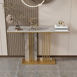 Generisch Schmaler Goldener Konsolentisch mit Stauraum - Moderner Beistelltisch f&uuml;r Wohnzimmer, Flur und Eingangsbereich - Abgerundete Ecken, graue Oberfl&auml;che, 100 x 30 x 80 cm