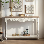 Antikwei&szlig;er Konsolentisch mit Geschnitzten Details und Offenem Ablagefach, Beistelltisch Holz Hoch f&uuml;r Flur, Wohnzimmer, Foyer, 120 x 40 x 80 cm