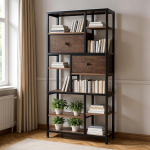 Rebonique Bookcase, 7 Levels Standing Shelf with 2 Adjustable Drawers, High Industrial Bookcase, Bookcase, Storage Shelf for Office, Living Room, Bedroom, 73 x 30 x 151 cm (Vintage Brown)