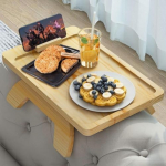 Suzmei Bamboo Sofa Arm Tray Table with Rotating Mobile Holder, Foldable Clip-On Design for Couches Foldable Armrest Tray for Eating & Drinking