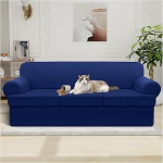 Pfrstuv veekindel diivanikate, 4 tk komplekt, triibulised diivanikatted 3 eraldi T-padja jaoks, TPU-kangast diivanikatted, lekkekindel diivanikaitsja lastele, lemmikloomadele (3 padja diivan, tumesinine)