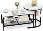 COSTWAY Set of 2 Coffee Tables, Side Tables, Marble Look with Metal Frame and Shelf, Coffee Table, Living Room Table, Sofa Table for Living Room, Bedroom (White + Black)