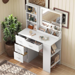 Valge garderoobilaud LED-valgustusega, 4 sahtlit, k&uuml;lgkapp ja 6 riiulit, kaasaegne garderoobilaud koos peegli ja valgusega, t&uuml;drukute meigilaud 90 cm, suur edevuslaud meigilaud