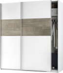 Dmora - Elgin garderoobikapp 2 uksega, magamistoa garderoobikapp riidekorvi ja 3 riiuliga, 180 x 60 x 200 cm, valge ja tammepuust.