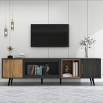 TV kapp, TV Stand Lowboard kuni 90-tollise teleri jaoks, TV riiul 3 ukse ja 4 hoiuruumiga kapp elutuppa, s&ouml;&ouml;gituppa, magamistuppa, 200 x 40 x 55,5 cm, puit, hall ja pruun
