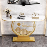 Moodne konsoollaud metallist alusega, kriimustuskindel kiltkivi plaat, konsoolne diivanilaud, elegantne n&auml;ituse m&ouml;&ouml;bel, esikusse, elutuppa, fuajeesse, lihtne kokkupanek (kuldne, 80 cm/31,5 tolli)