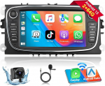 Podofo Carplay autoraadio Ford Focus C-Max S-Max Mondeo Kuga Galaxy Mondeo Kuga, 2G+64G Stereo 7-tollise puuteekraaniga Android autoraadio, GPS/WLAN/SWC/FM/RDS+ AHD tagurduskaamera ja mikrofoniga