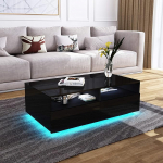 Kohvilaud elutuppa, k&otilde;rgl&auml;ikega kohvilaud LED-valgustitega, ristk&uuml;likukujuline kesklaud 4 sahtli ja 4 avatud riiuliga, kodukontorim&ouml;&ouml;bel, 85 x 56 x 26 cm (must)